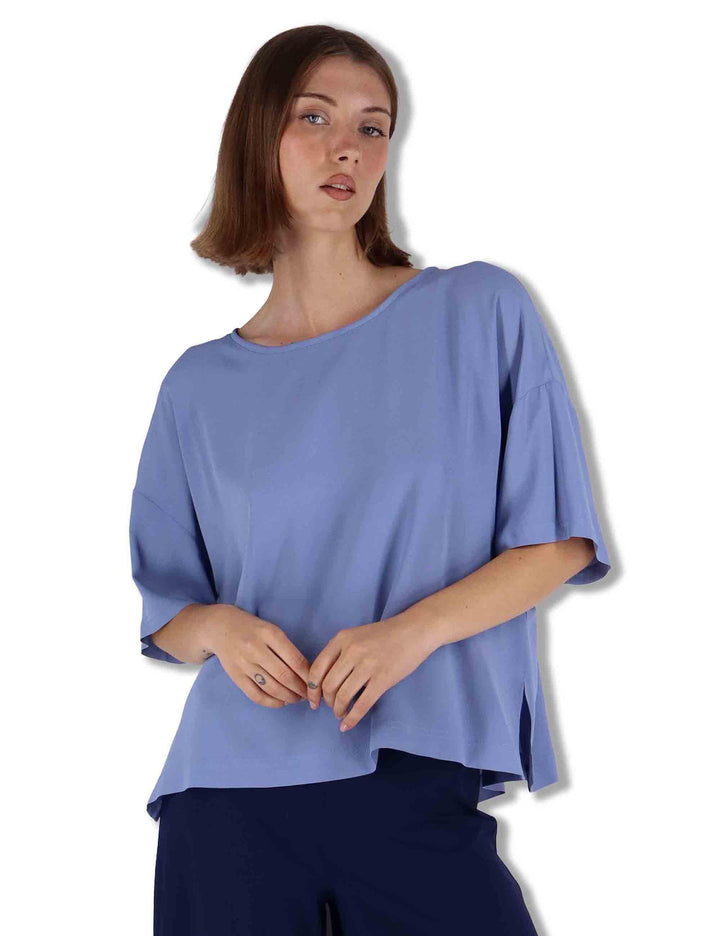 Camicie donna Fluid Crepe in misto seta azzurro maniche a 3/4 JM440050672 81001 Maliparmi 