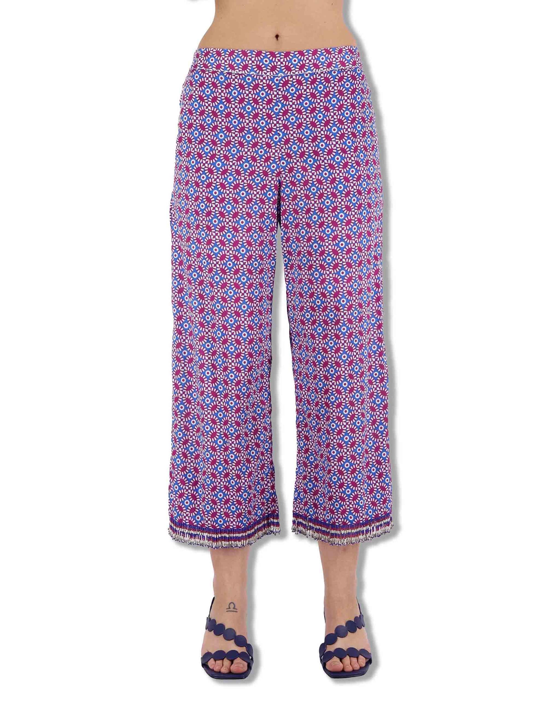 Pantaloni donna Floral Spin in cotone stampato a fantasia blu JH805815215 D8089 Maliparmi 