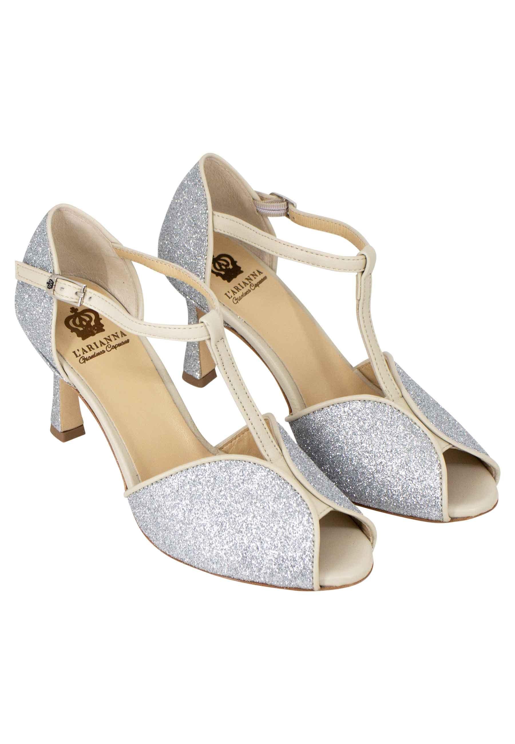 Sandali donna in glitter e pelle argento con tacco alto SP1612/RT 604 L'Arianna 