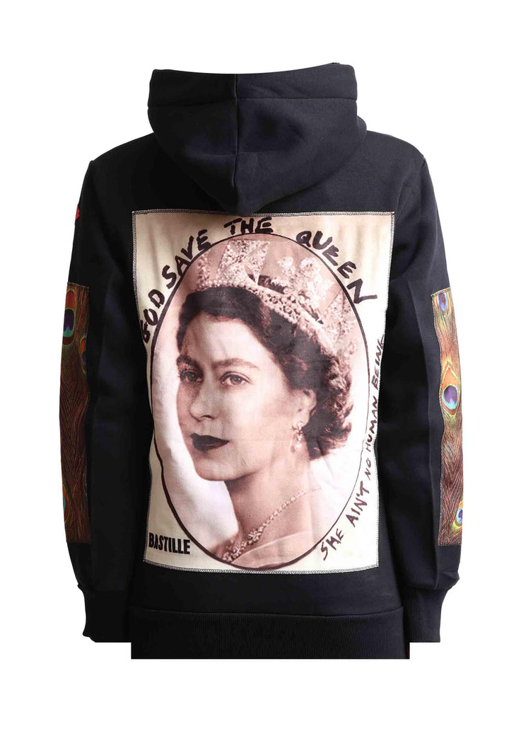 Felpa donna con cappuccio in tessuto nero e stampa in seta HOODIE PAVONE Bastille 