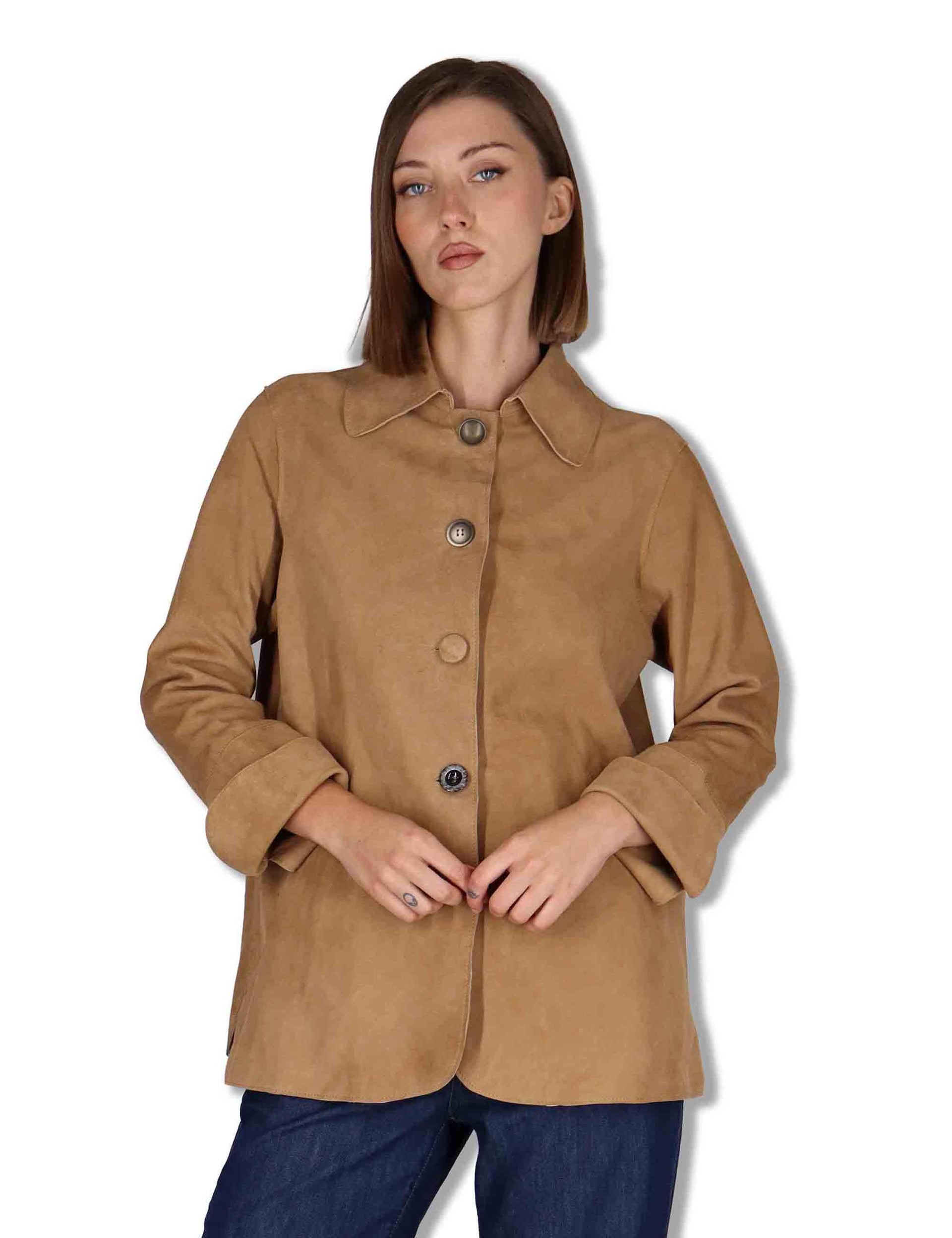 Giacche donna in camoscio cammello con bottoni gioiello SP2427 013 Spatarella 