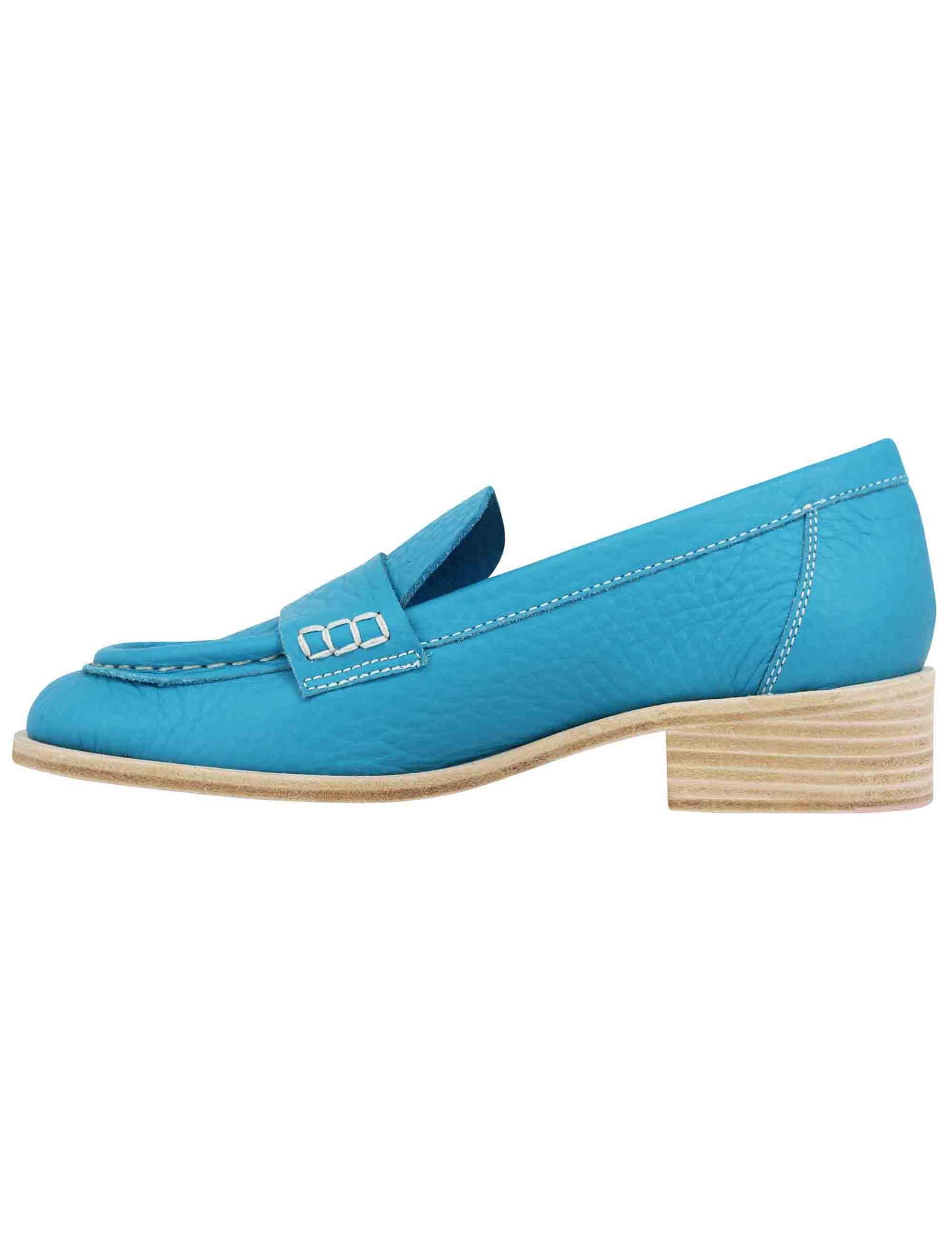 Mocassini donna in pelle celelste con vaschettone e suola in cuoio 7650 002 Ras 