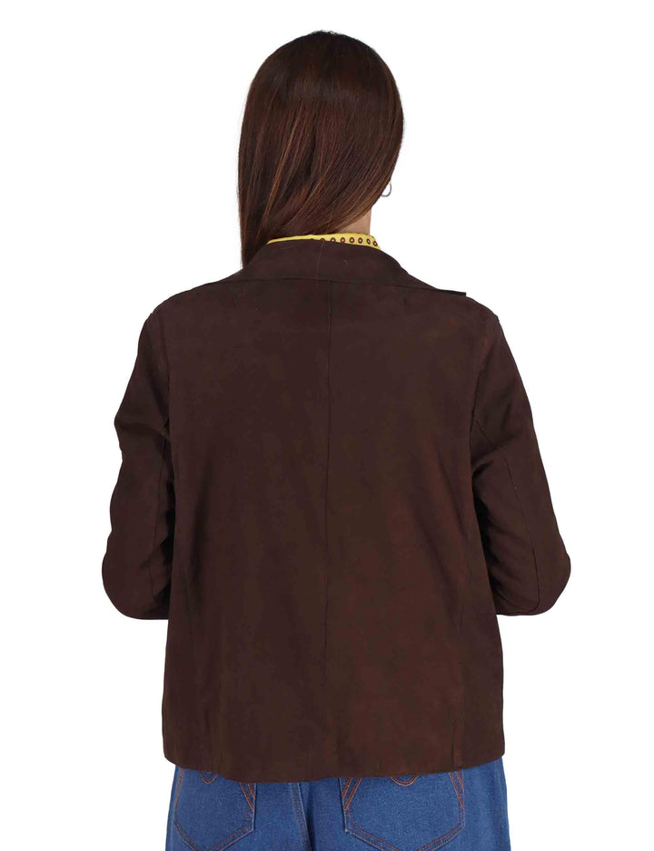 Giacche donna in camoscio marrone monopetto con bottoni gioiello SP1527 0014 Spatarella 