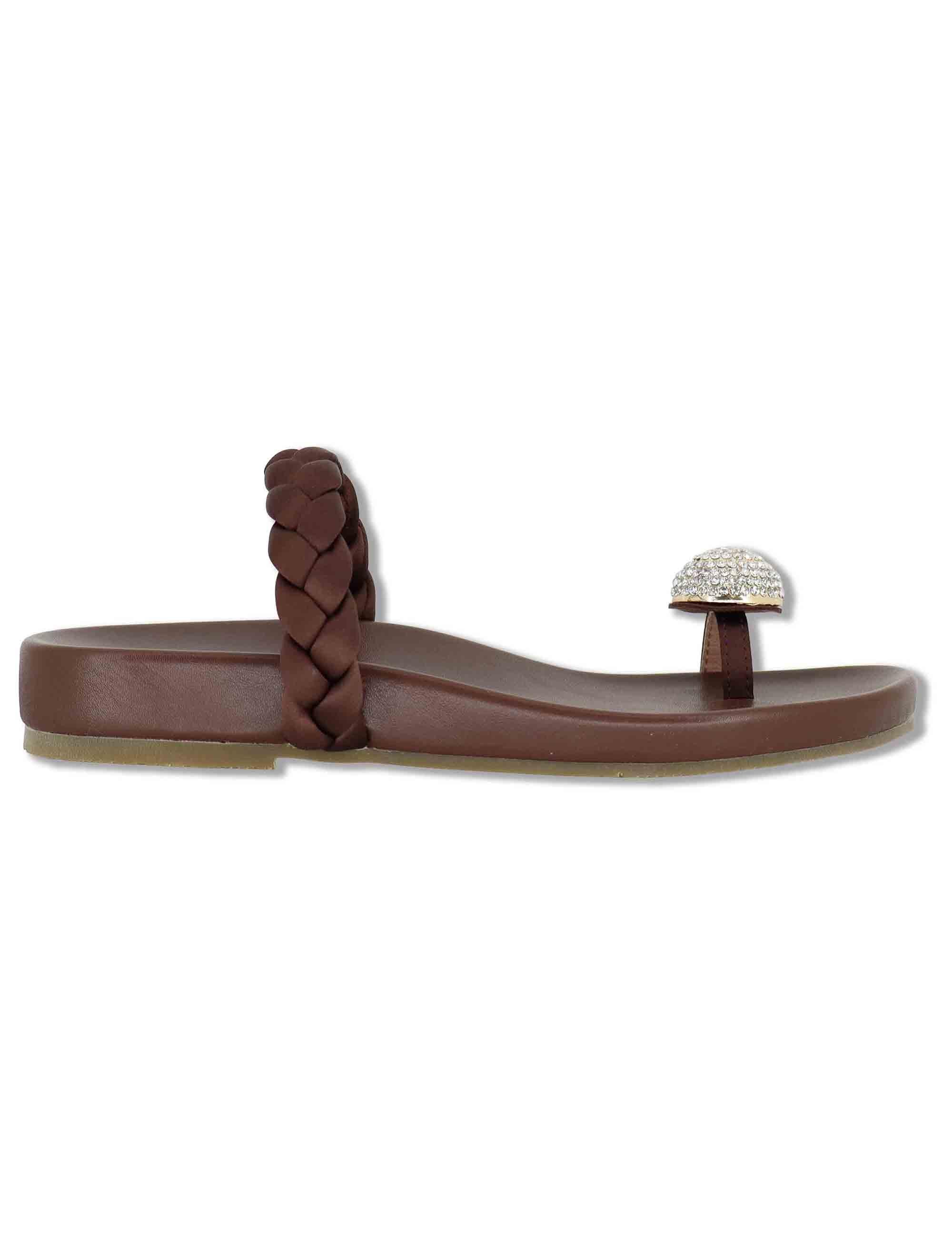 Sandali donna infradito in pelle marrone con pietra gioiello e fubbett basso Balne 880Z80HG 90-MARRON Bibi Lou 