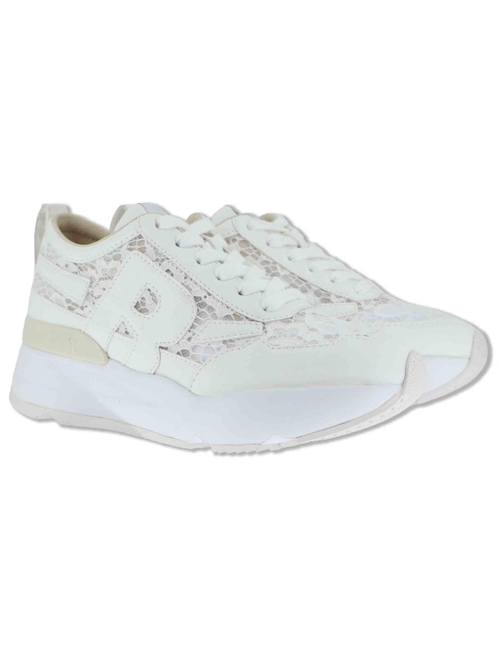 Sneakers donna in pelle e pizzo bianco con zeppa alta in gomma 4009-84585 2 Ruco Line 