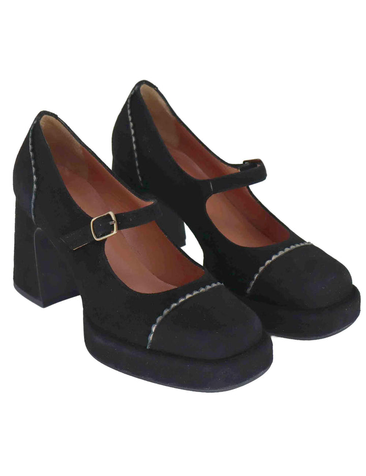 Decollete donna in camoscio nero con cinturino e tacco alto 9619Z 001 Les Venues 