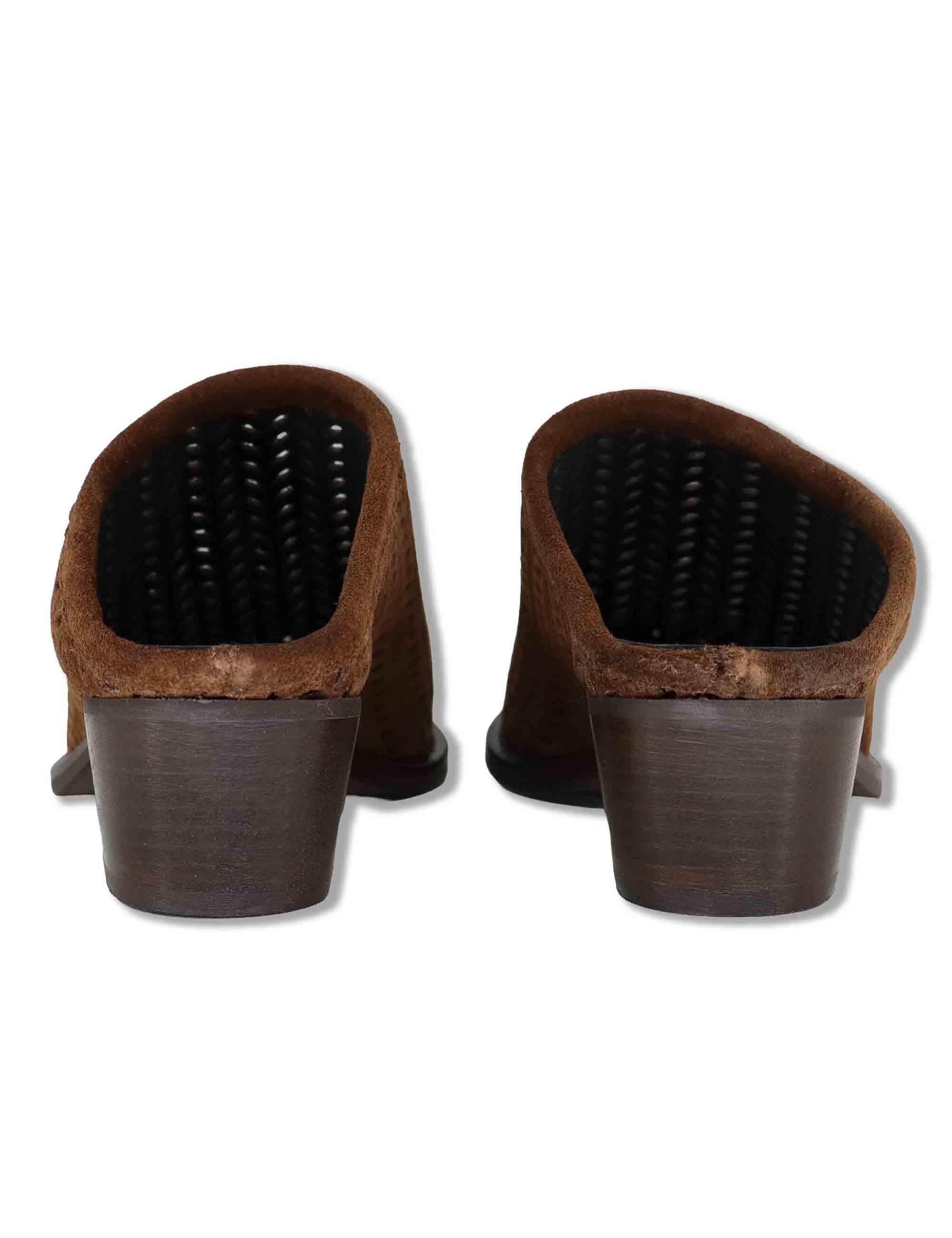 Sabot texani donna in camoscio forato vintage marrone con tacco cuoio GOLD103 016 Tattoo 