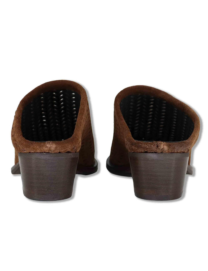 Sabot texani donna in camoscio forato vintage marrone con tacco cuoio GOLD103 016 Tattoo 