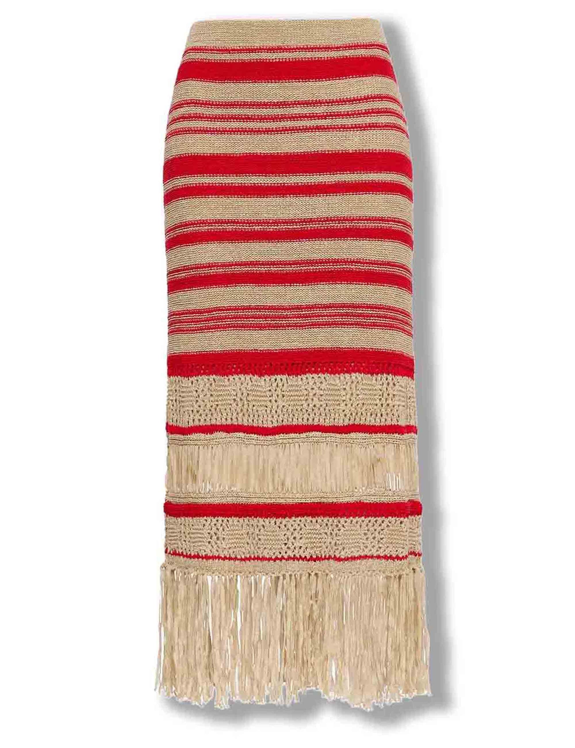 Gonne lunghe donna Knit Tape in tessuto naturale e rosso con frange JG667678214 11B30 Maliparmi 