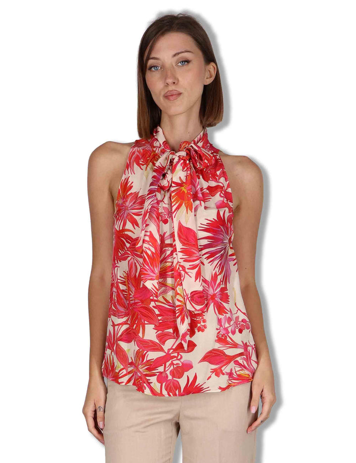 Top donna Botanic Jungle in viscosa rossa floreale con fusciacca JP555850663 B3039 Maliparmi 