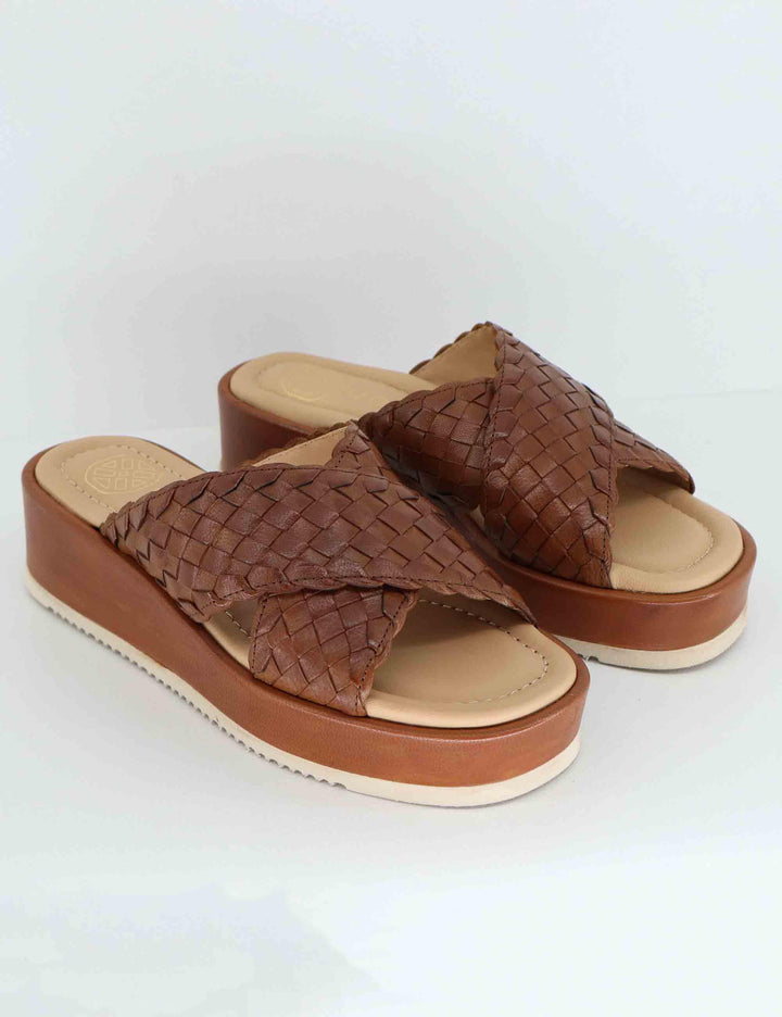 Sandali donna in pelle inteccaito marrone con zeppa bassa KARTAL CRF_CANNELLE Unisa 