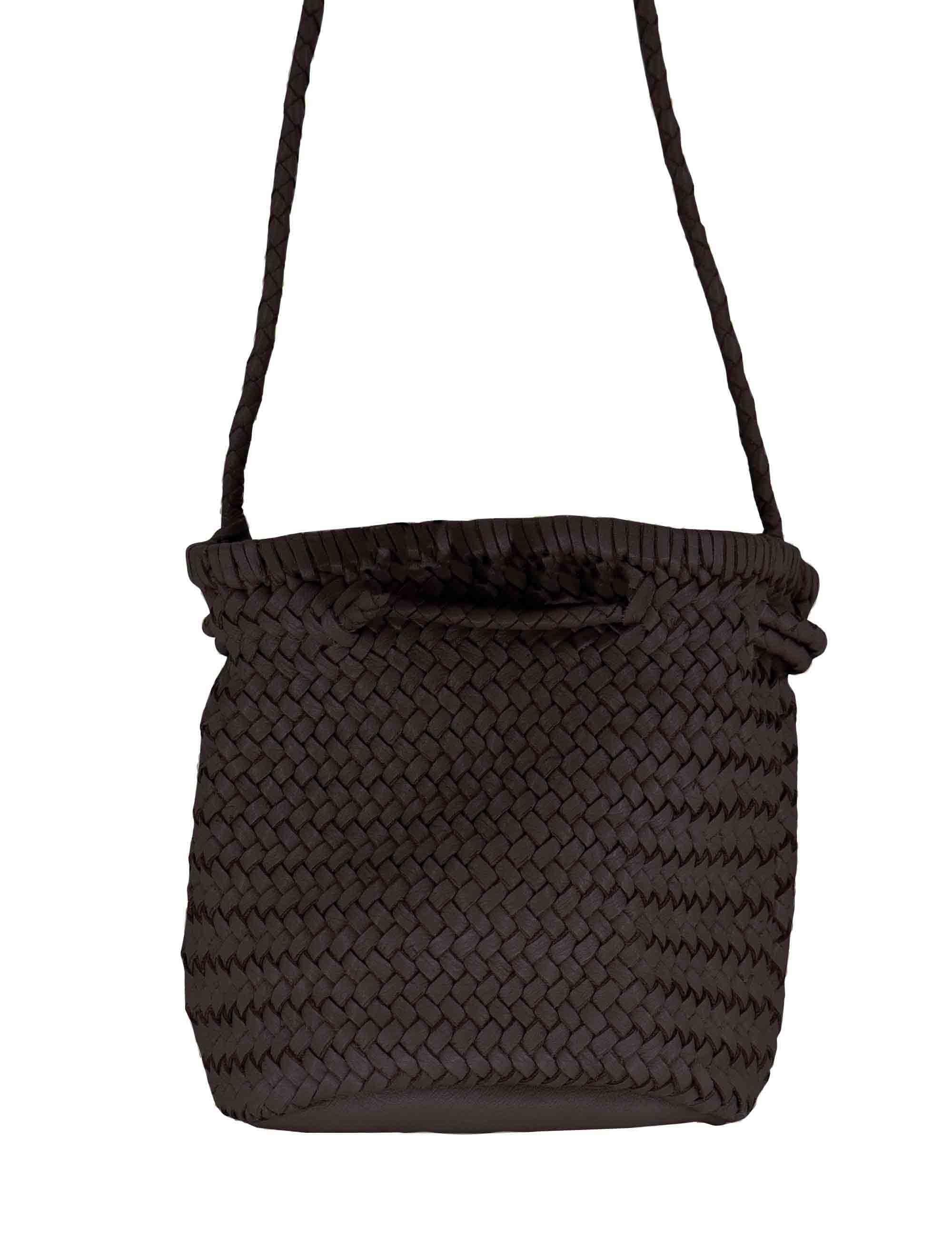 Borse donna a secchiello in pelle intrecciata marrone con tracolla e chiusura coulisse RBS1105 220 Rehard 
