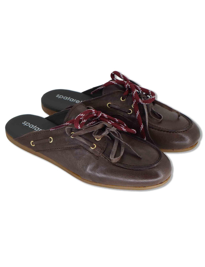 Sabot donna in pelle marrone con doppi lacci e suola bassa in gomma SP91 014 Spatarella 