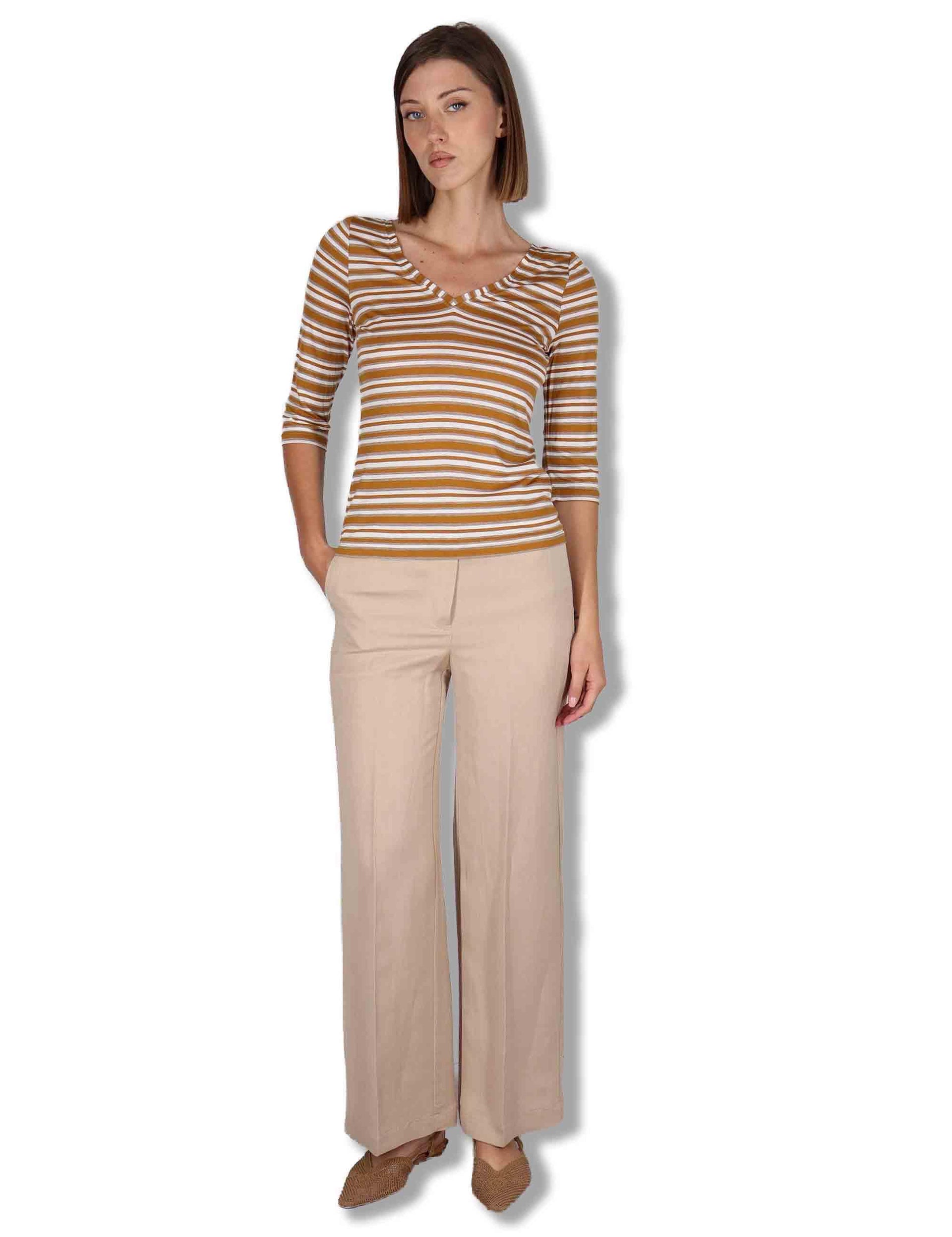 Pantaloni donna Timeless in lino sabbia a gamba larga e tasche laterali JH803340106 11024 Maliparmi 