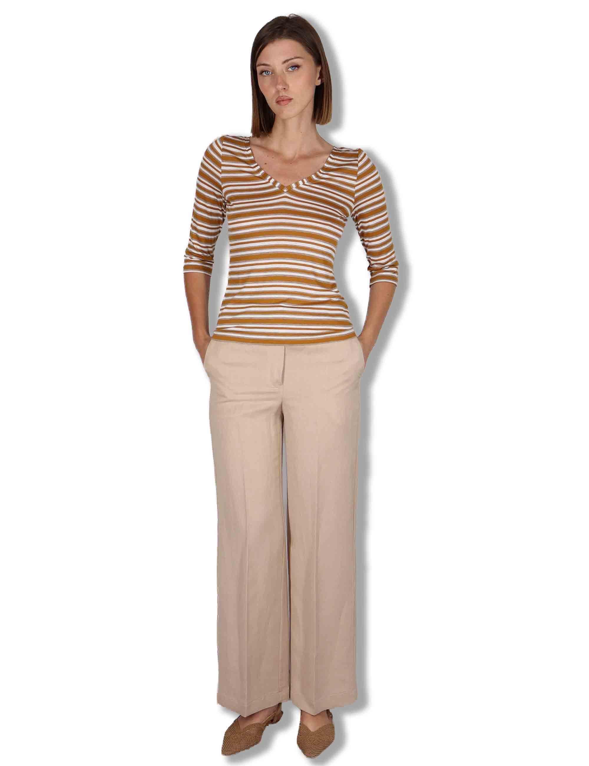 T-shirt donna Summer Stripes in misto seta marrone con maniche a 3/4 JK025270676 41B11 Maliparmi 