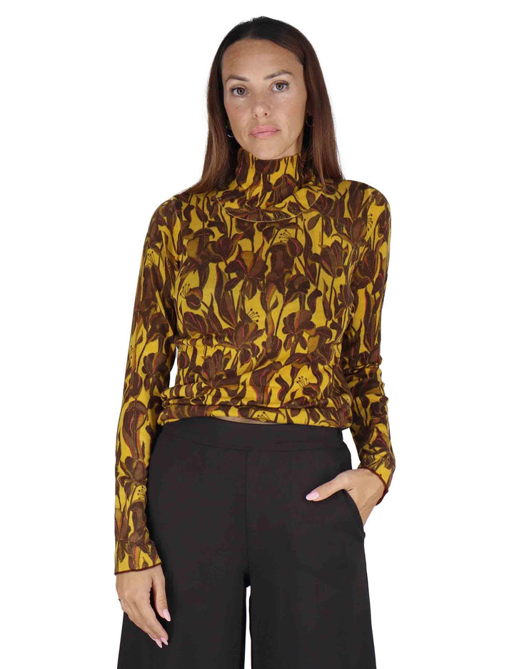 Maglioni donna Printed Knit in lana stampata senape con collo alto JQ510478200 A7086 Maliparmi 