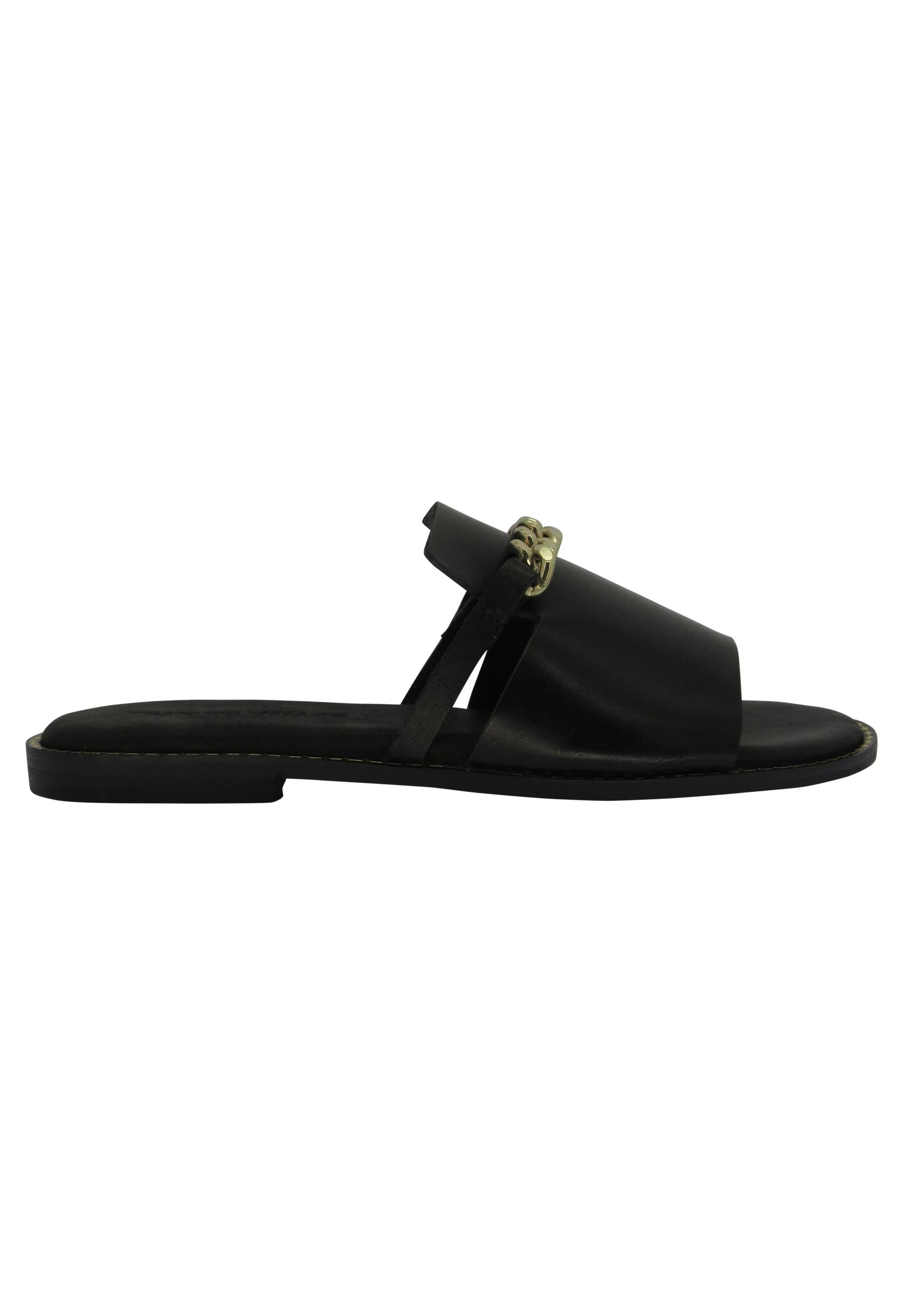 Sandali flat donna in pelle nera con catena oro 610 001 Tsakiris Mallas 