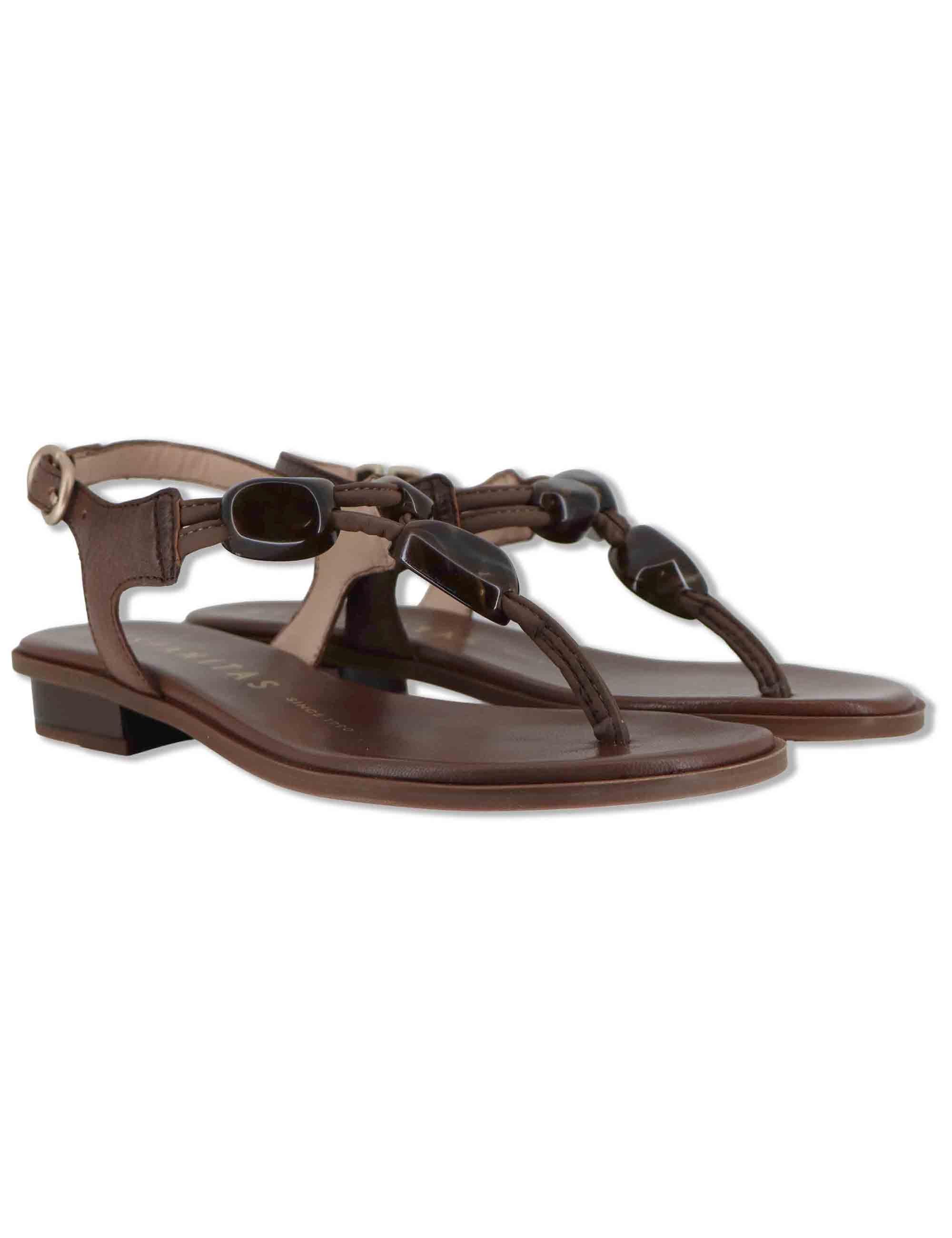 Sandali flat infradito donna in pelle cuoio con pietre e cinturino alla caviglia HV264785 AVELLANA Hispanitas 