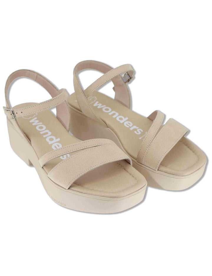 Sandali donna in pelle beige con cinturino alla caviglia e zeppa in gomma B-1001 020 Wonders 