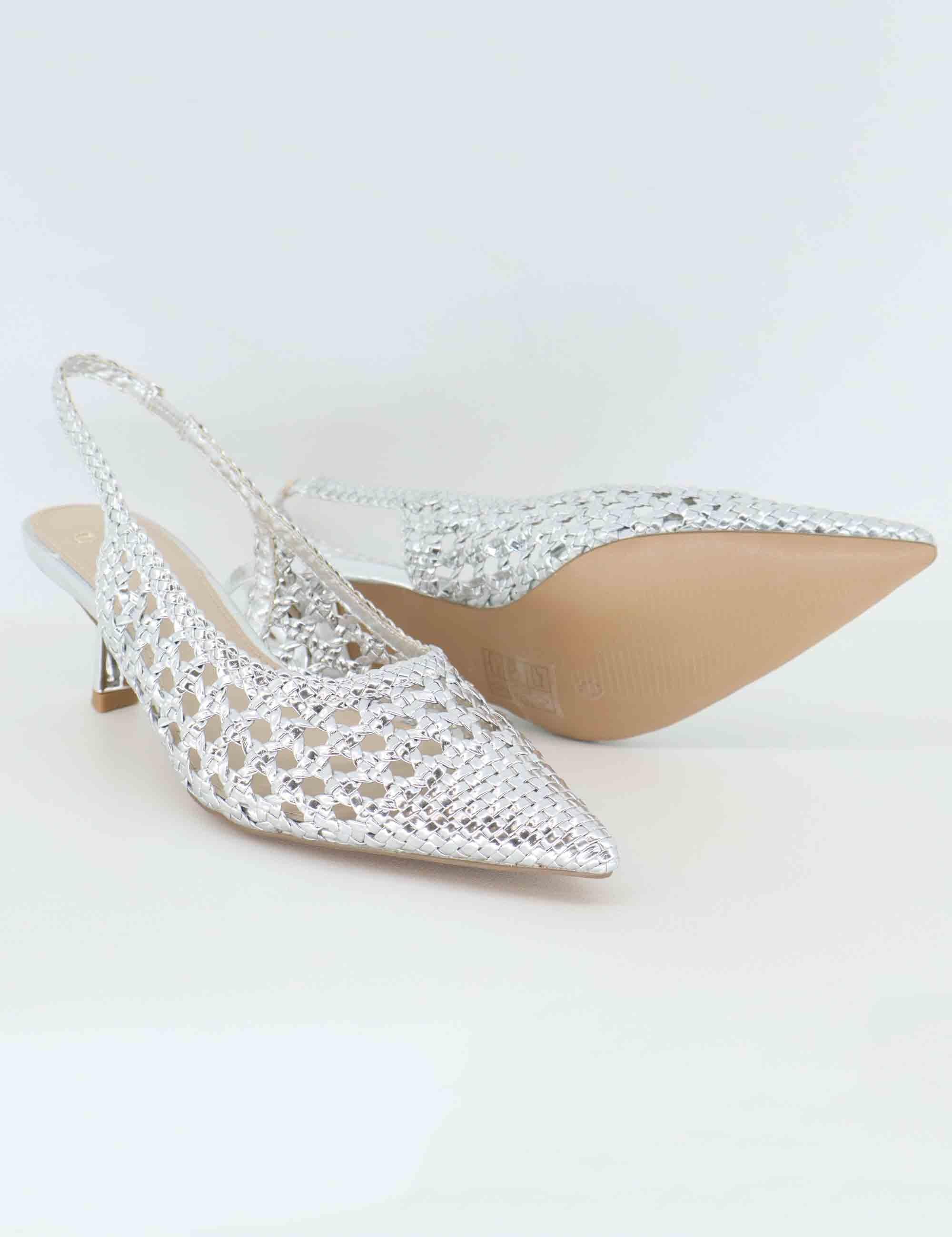 Slingback donna in tessuto argento con tacco gioiello U4700851322L 851 S Exe 