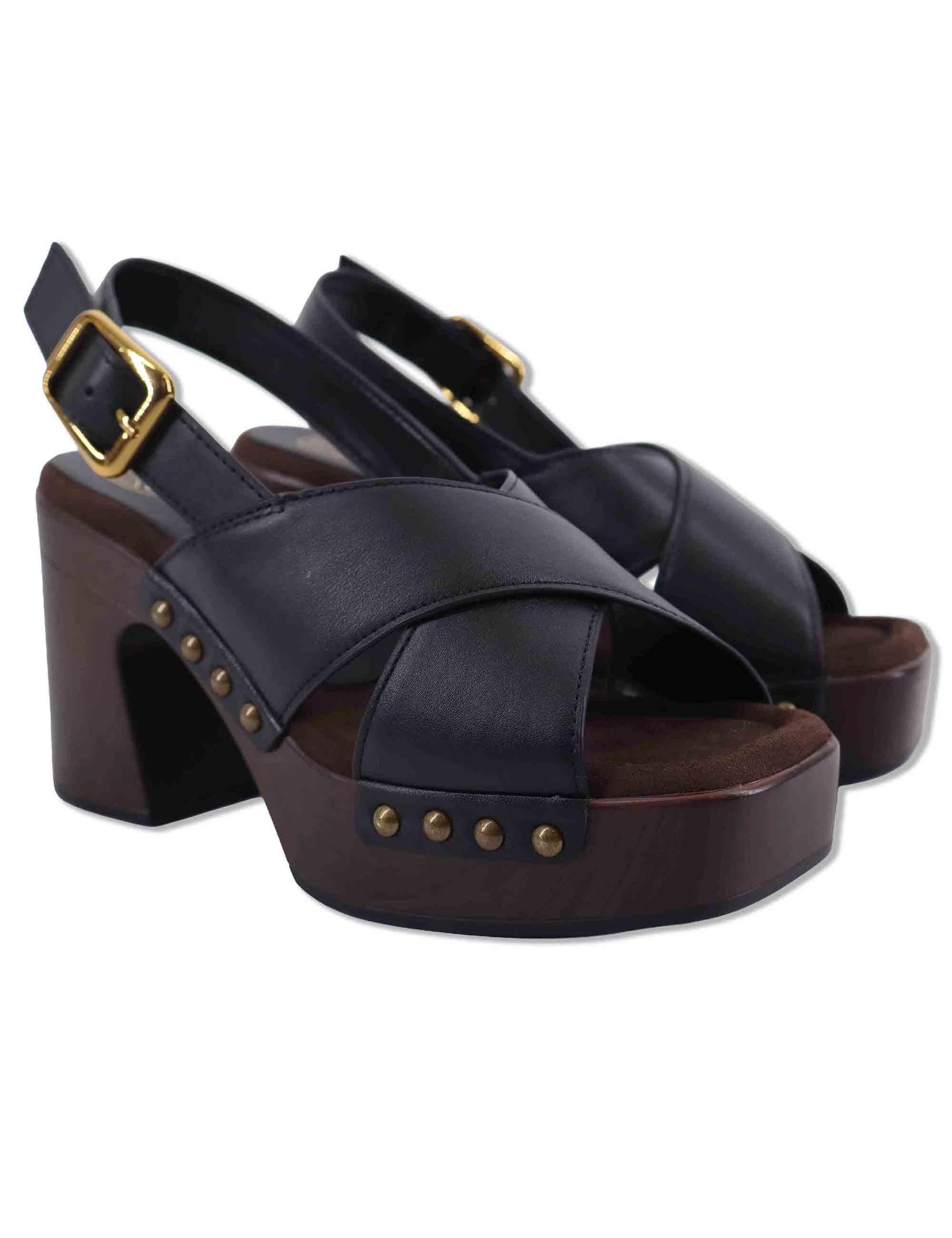 Sandali donna slingback in pelle nera con zeppa alta in legno OBRA GRA BLACK Unisa 