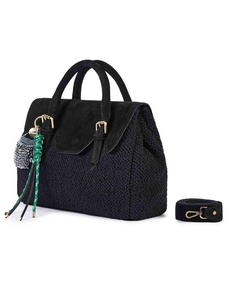 Borse donna in cotone boucle e camoscio nero con tracolla removibile SIENNA H02 Via Mail Bag 