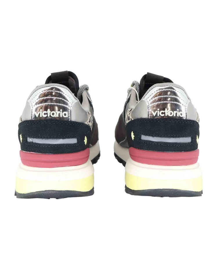 Sneakers donna in pelle nera e tessuto con animalier 1156113 Negro Victoria 