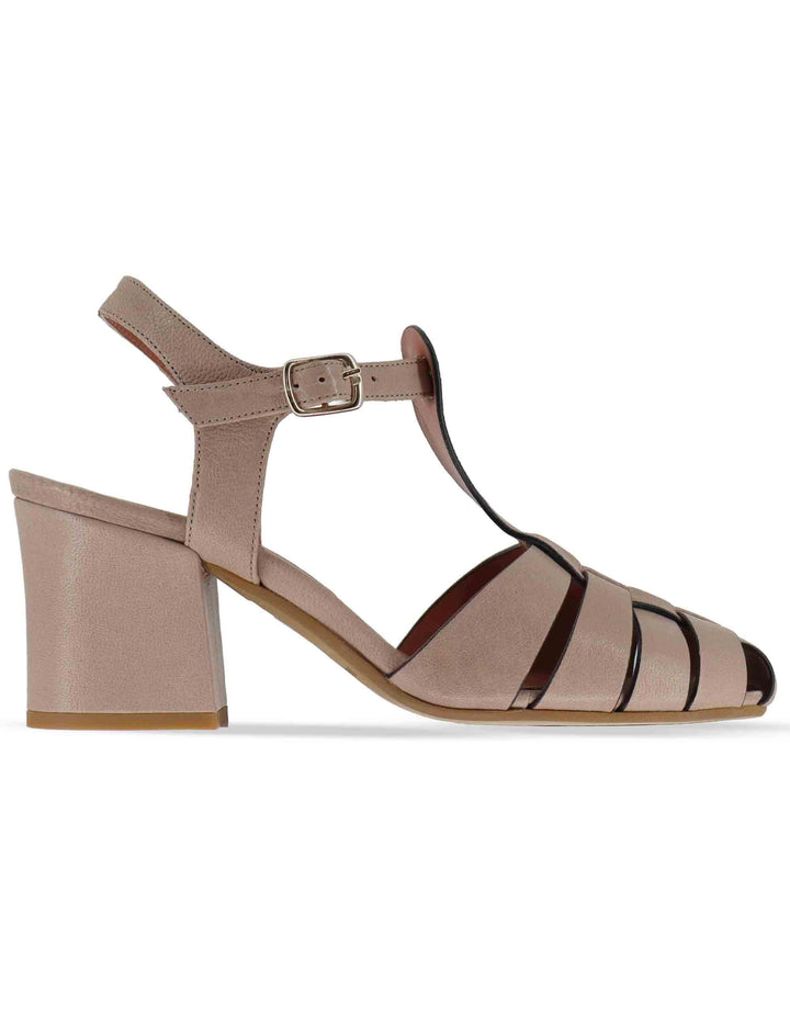 Sandali donna in pelle marrone con beige alla caviglia e tacco medio 5105P 015 Les Venues 