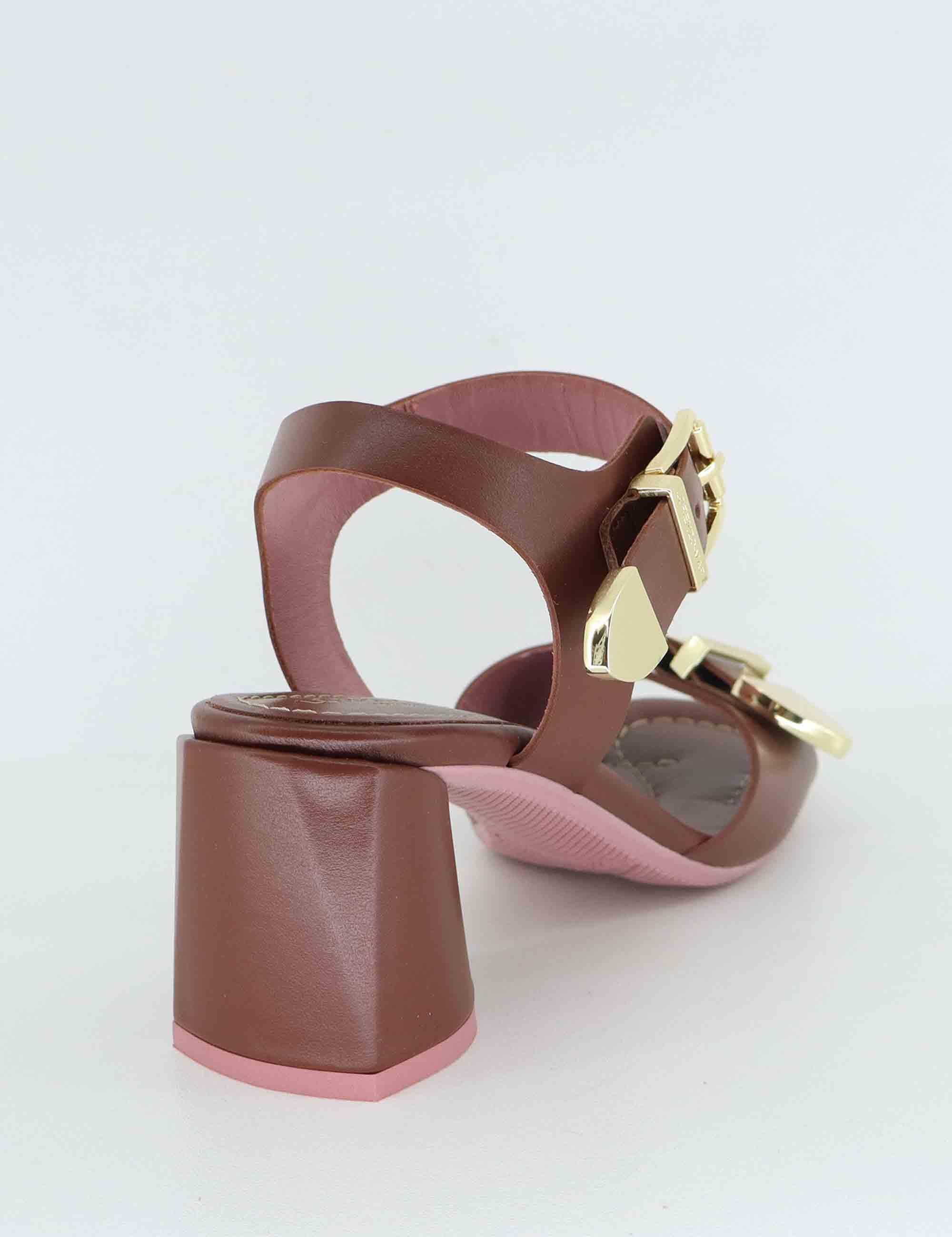 Sandali donna in pelle cuoio con fibbia oro FRESIA05 014 Lorenzo Mari 