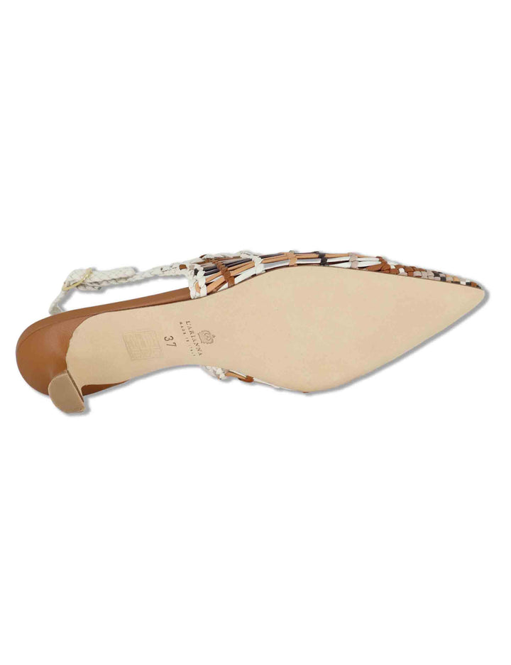 Decollete slingback donna in pelle intrecciata cuoio con tacco basso e punta a punta CH2657/RT CV300 L'Arianna 