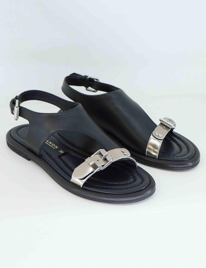 Sandali flat donna in pelle nera con cinturino posteriore EB1104X 605 Elvio Zanon 
