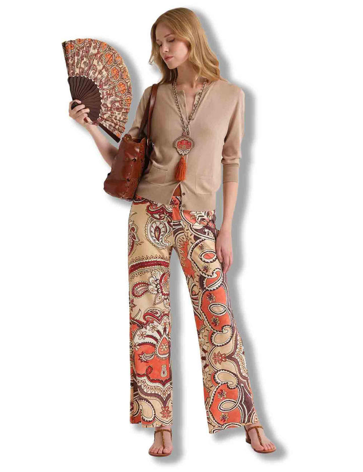 Pantaloni donna Hippie Lotus in tessuto leggero salmone e bianco a fantasia JH400970671 B3107 Maliparmi 