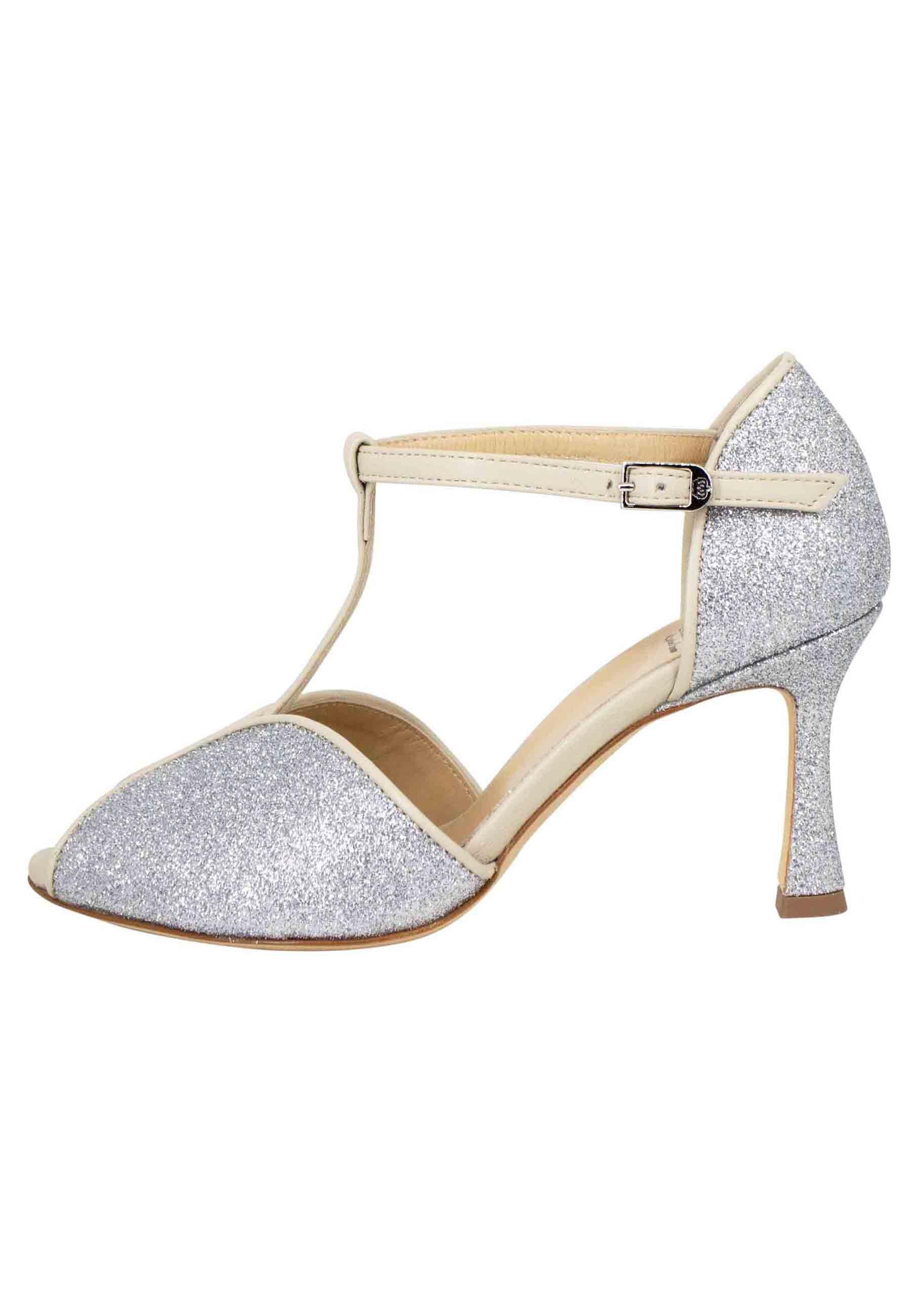 Sandali donna in glitter e pelle argento con tacco alto SP1612/RT 604 L'Arianna 