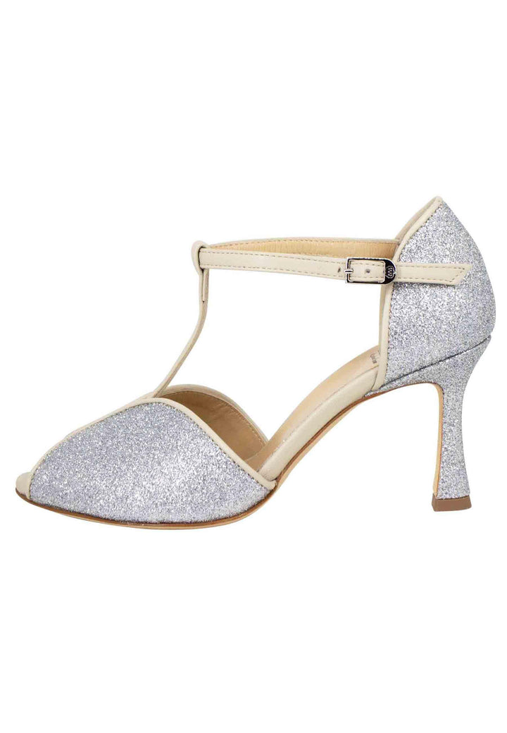 Sandali donna in glitter e pelle argento con tacco alto SP1612/RT 604 L'Arianna 