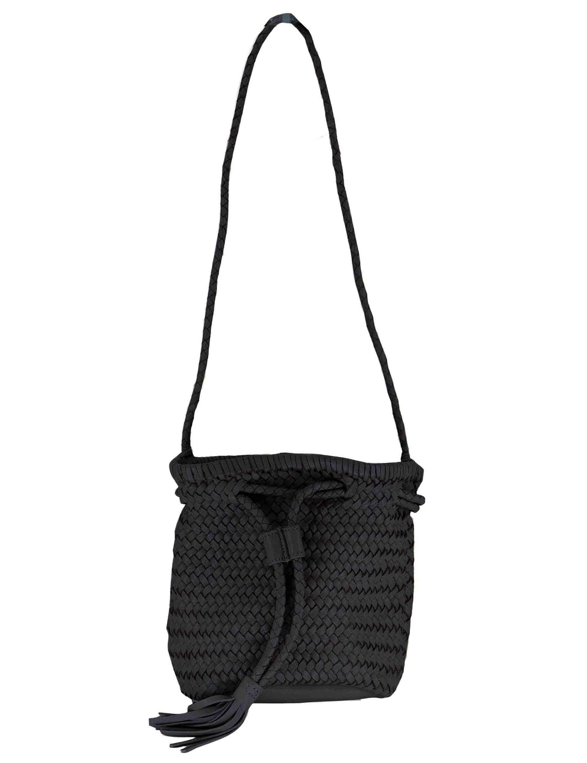 Borse donna a secchiello in pelle intrecciata nera con tracolla e chiusura coulisse RBS1105 047 Rehard 