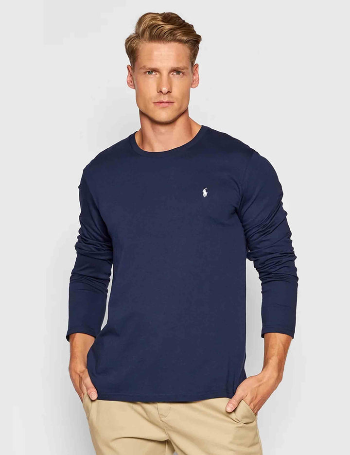 T-shirt uomo Crew in cotone blu con logo ricamato e maniche lunghe 714844759002 CRUISE NAVY Polo Ralph Lauren 