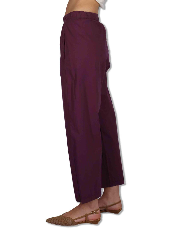 Pantaloni donna in cotone viola con elastico in vita e gamba a palloncino PRUX OVO_PLUM TreBarraBi 