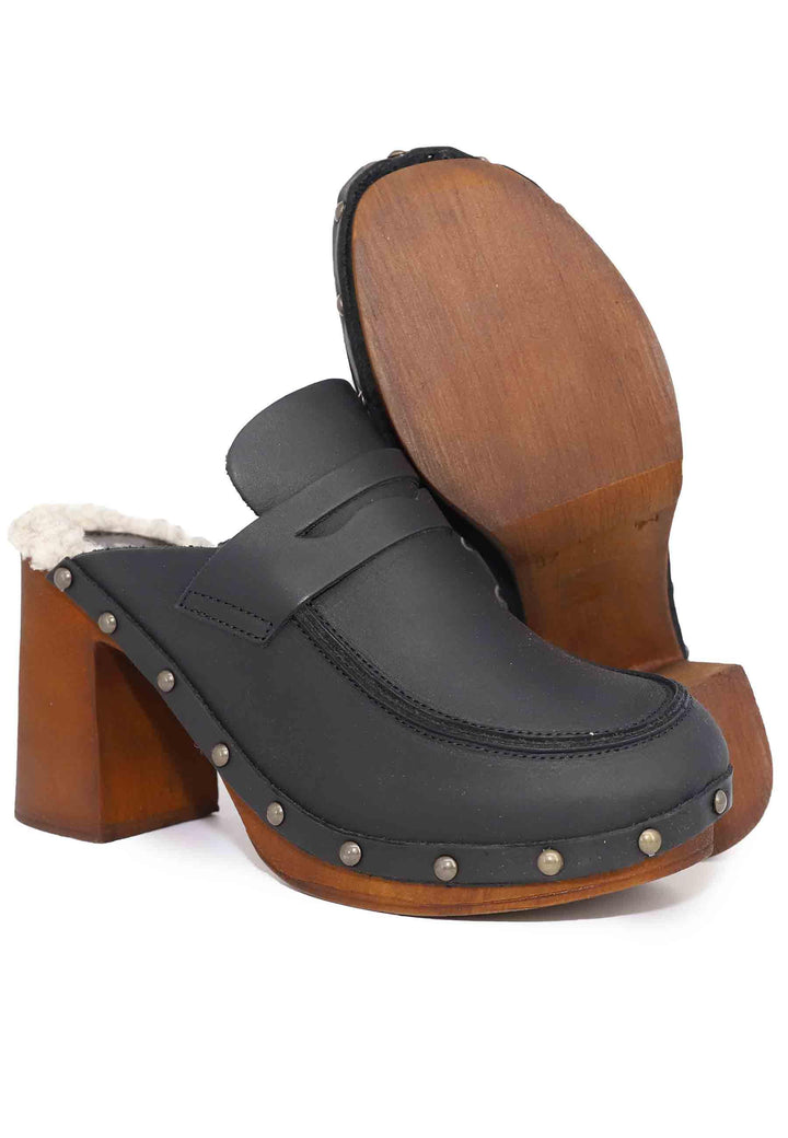 Zoccoli donna in pelle nera con sottopiede in eco fur e tacco alto 8852 001 Glove 