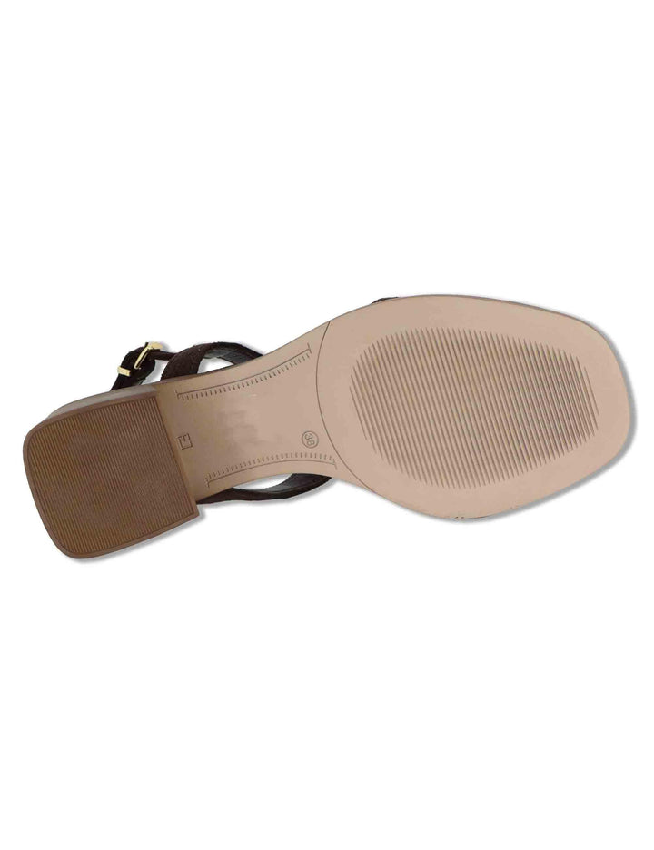 Sandali donna in camoscio marrone con borchia oro cinturino posteriore e tacco medio SP262065 014 Spatarella 