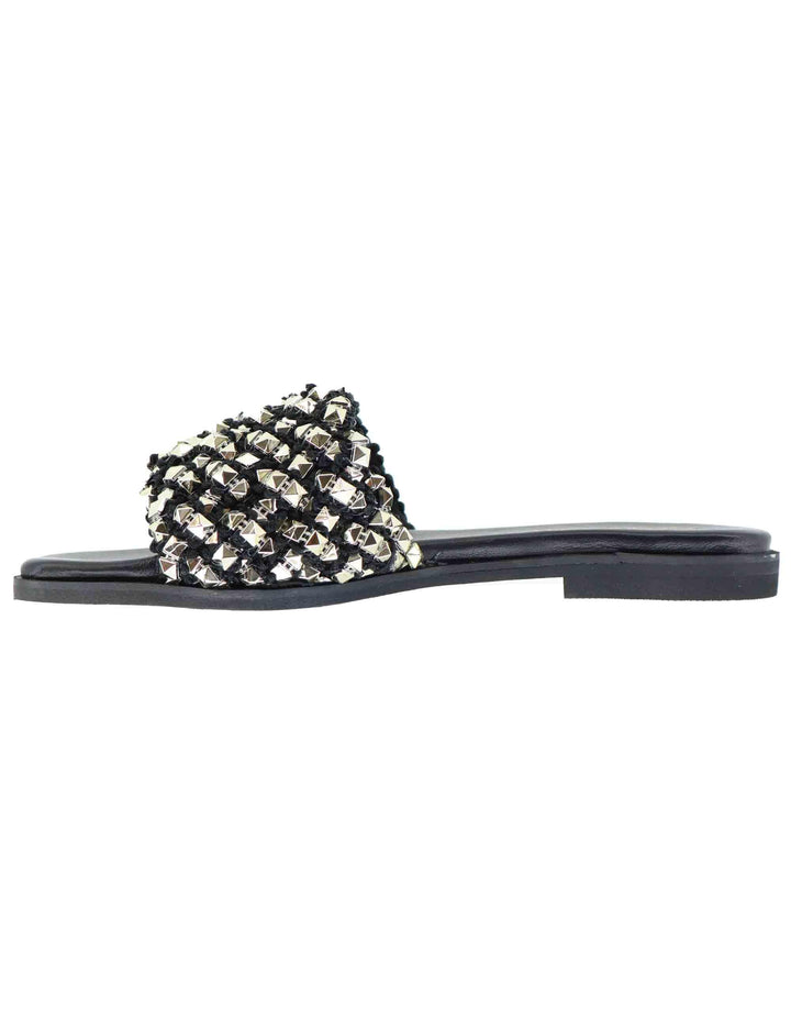 Sandali flat donna in tessuto nero con borchie argento U41009501340 950 Tsakiris Mallas 