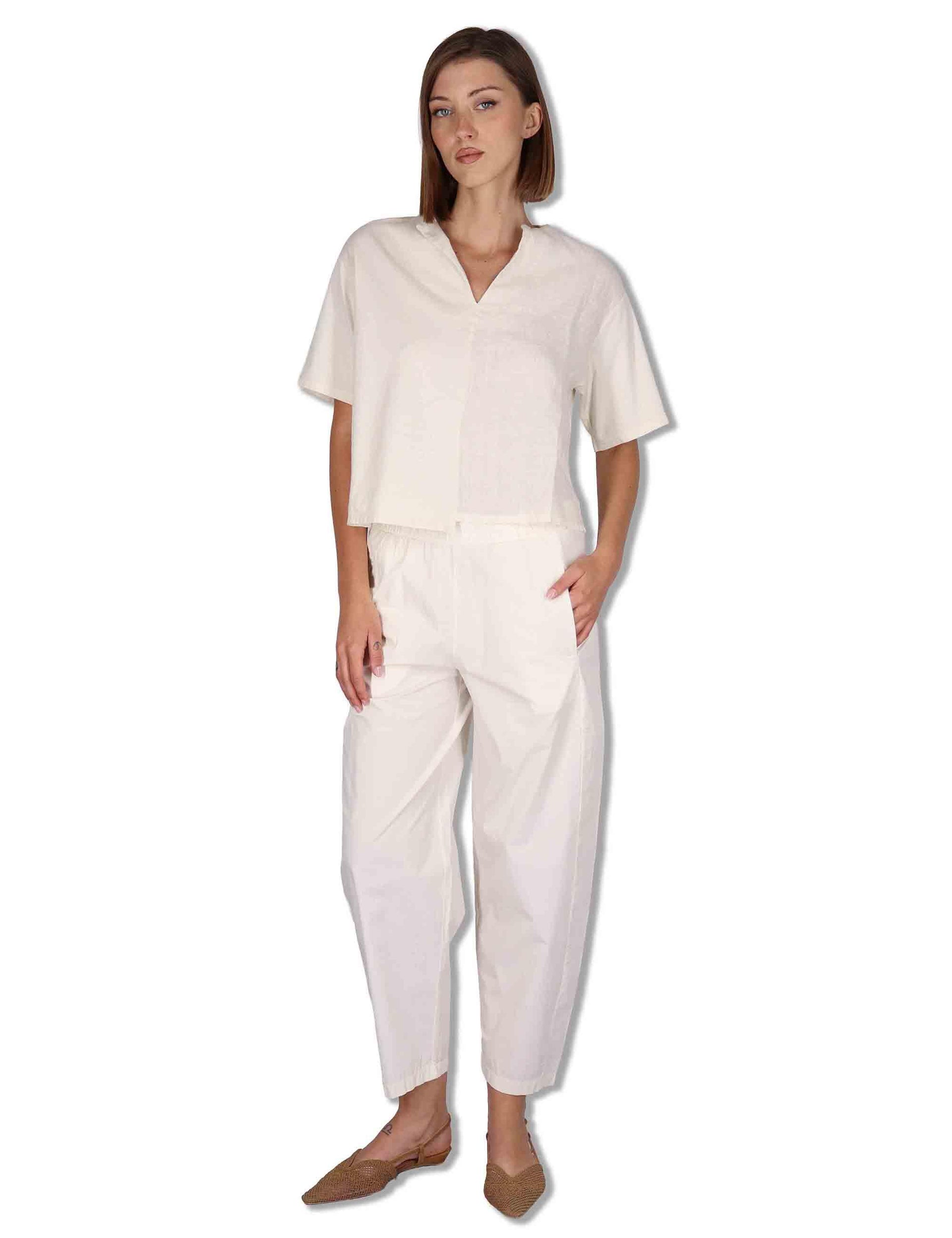 T-Shirt donna in cotone off white con scollo serafino e maniche 3/4 TORENIA JLIN_BUTTER TreBarraBi 