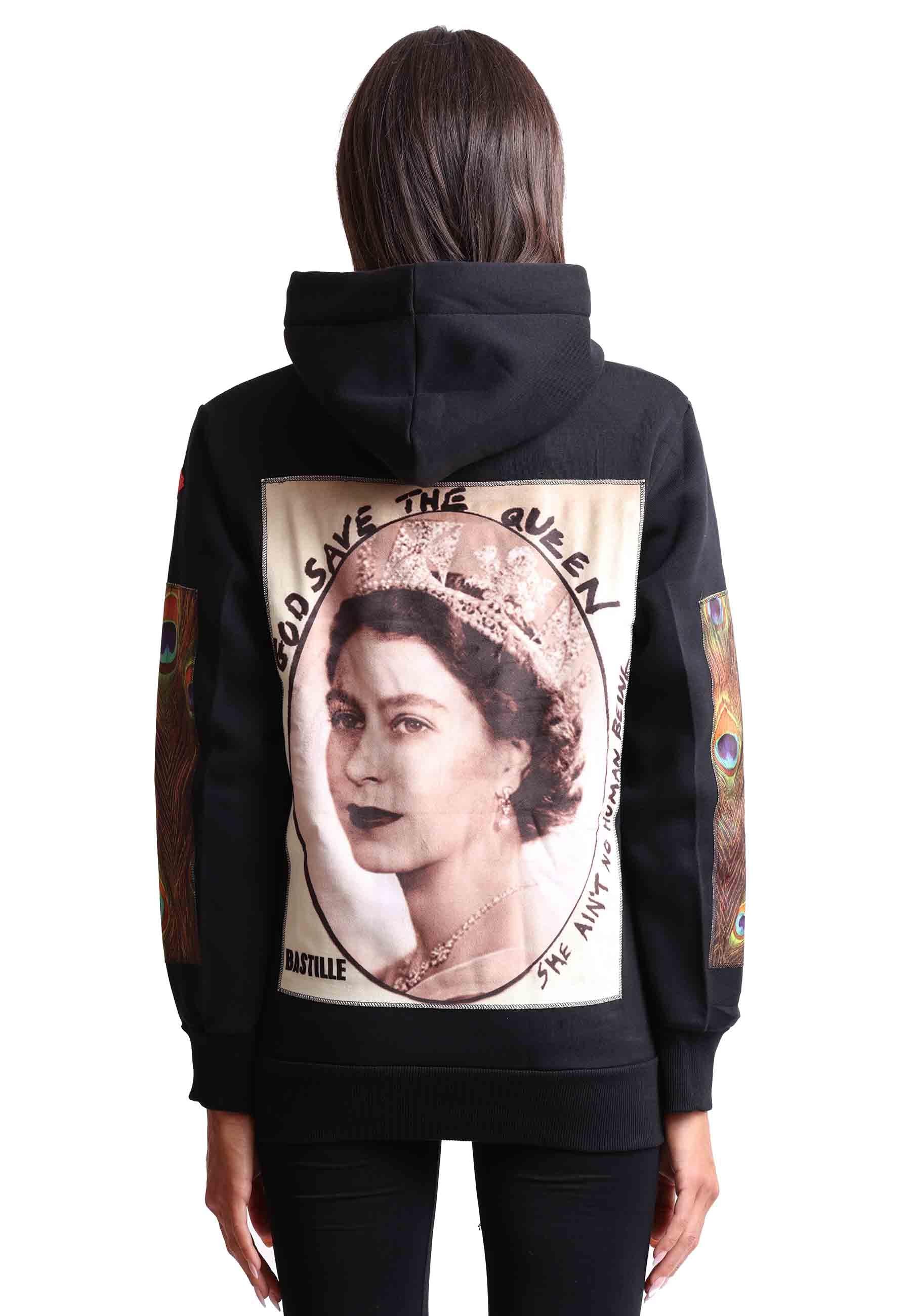 Felpa donna con cappuccio in tessuto nero e stampa in seta HOODIE PAVONE Bastille 