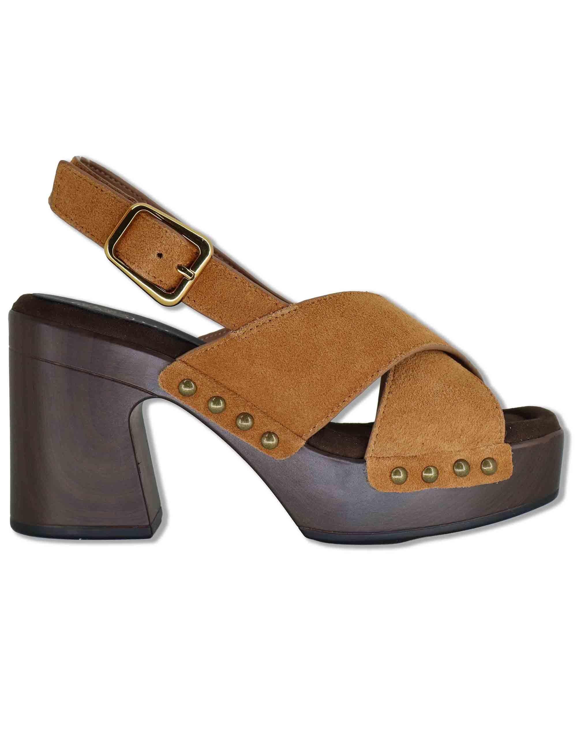 Sandali donna slingback in pelle cuoio con zeppa alta in legno OBRA BS NEW CUOIO Unisa 