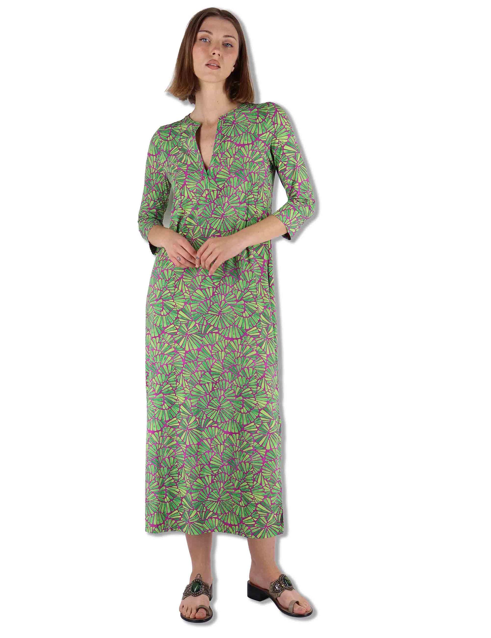 Abiti lunghi donna Shell in tessuto stampato verde con maniche a 3/4 JF667370672 A5032 Maliparmi 