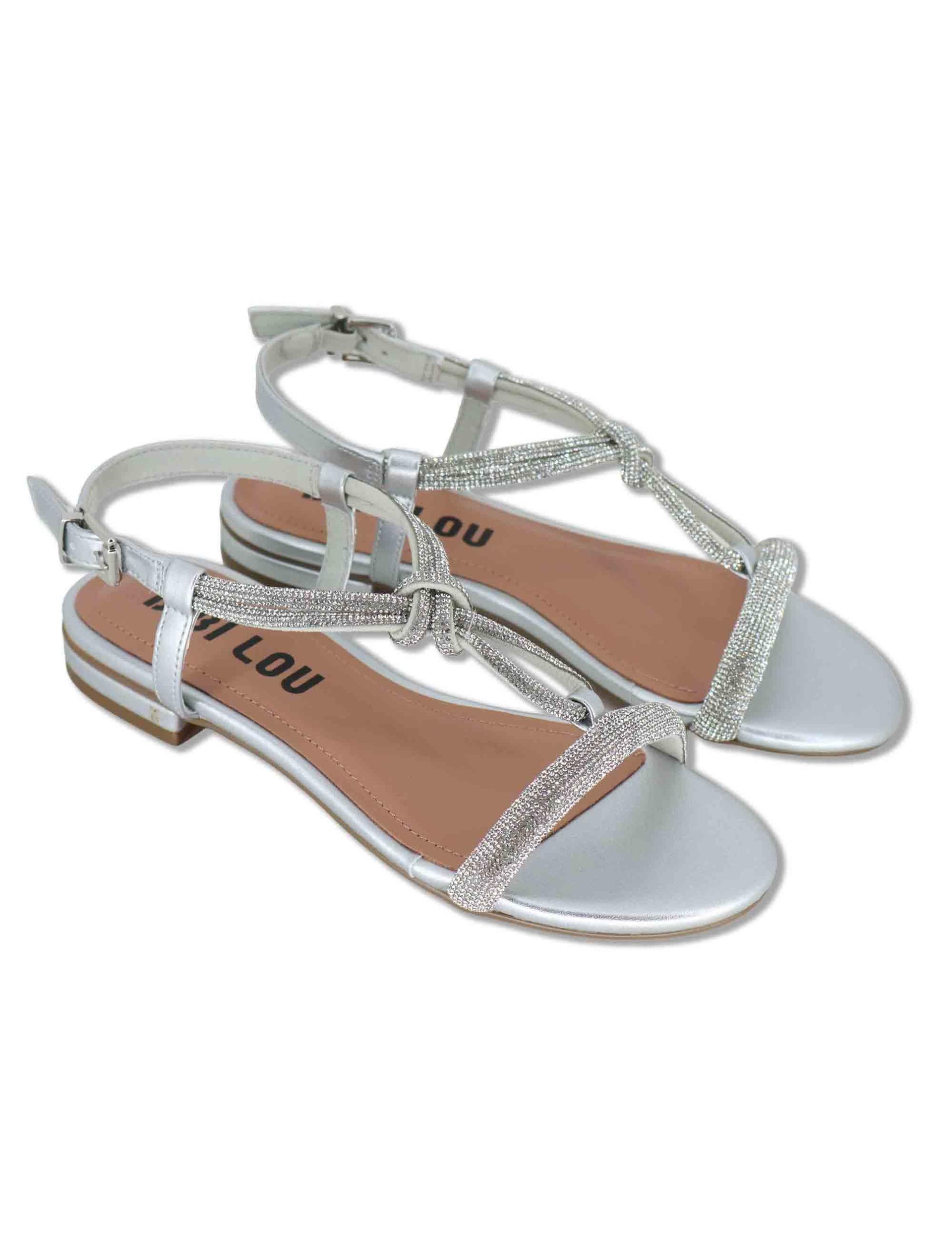 Sandali donna flat in pelle e strass argento con cinturino regolabile Myna 956Z00HG 01-PLATA Bibi Lou 