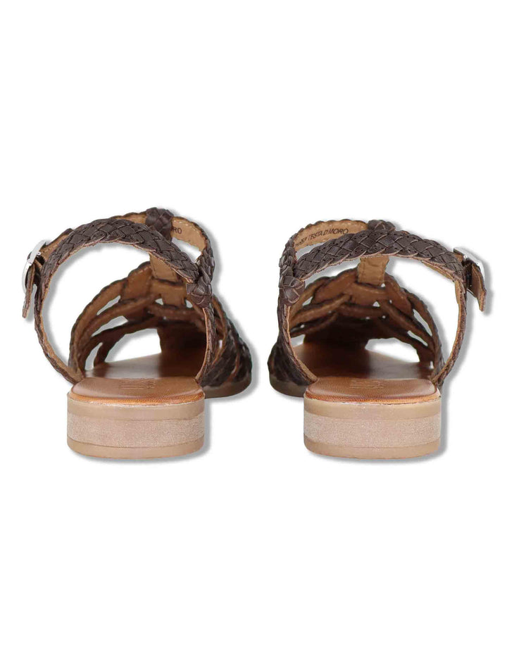 Sandali bassi donna in pelle intrecciata marrone con cinturino alla caviglia WD314R63 500011 Vueva 