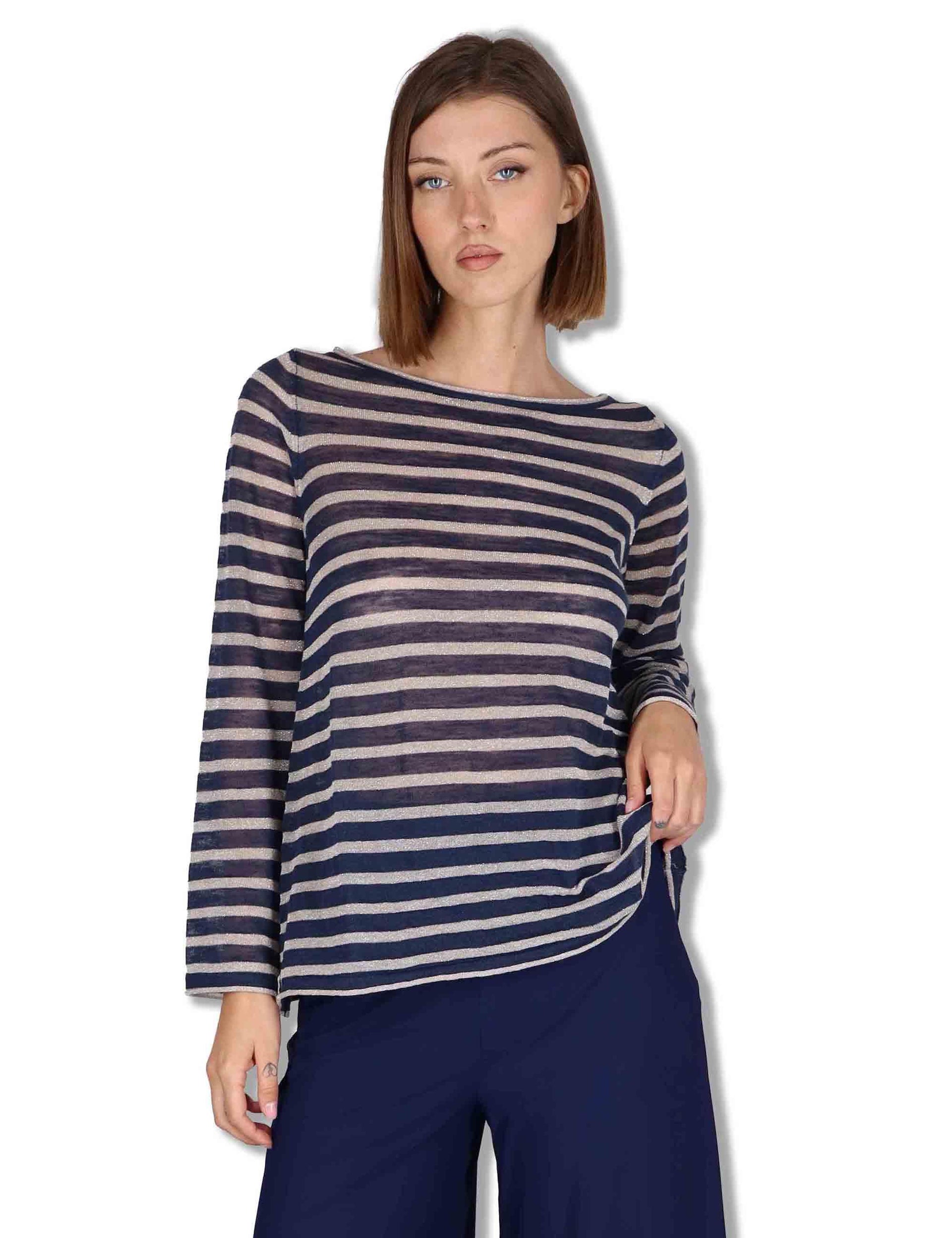 Maglie donna Summer Linen in misto lino blu e naturale a strisce JQ509178148 80B11 Maliparmi 