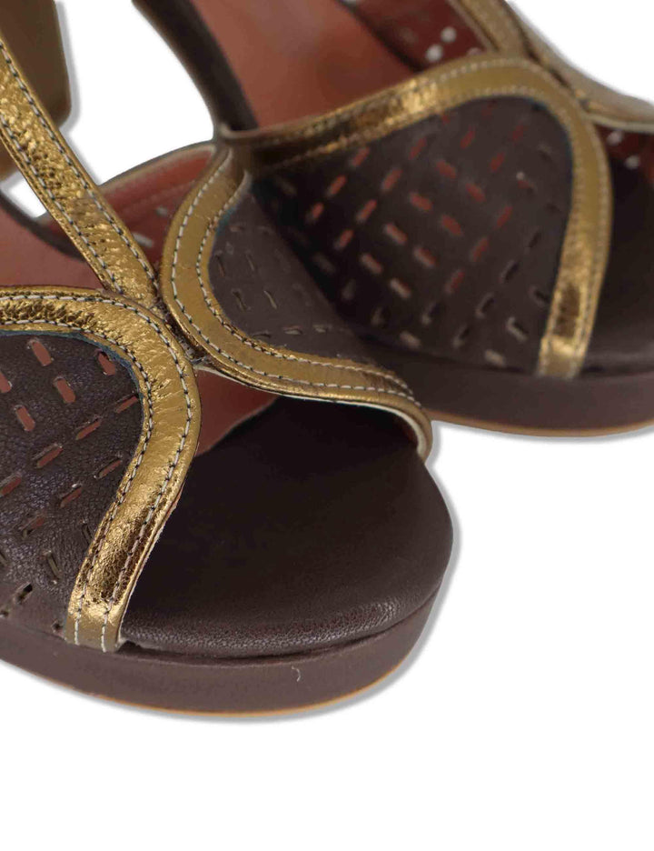Sandali donna in pelle marrone e oro tacco alto e plateau con conturino 6267K 014 Les Venues 