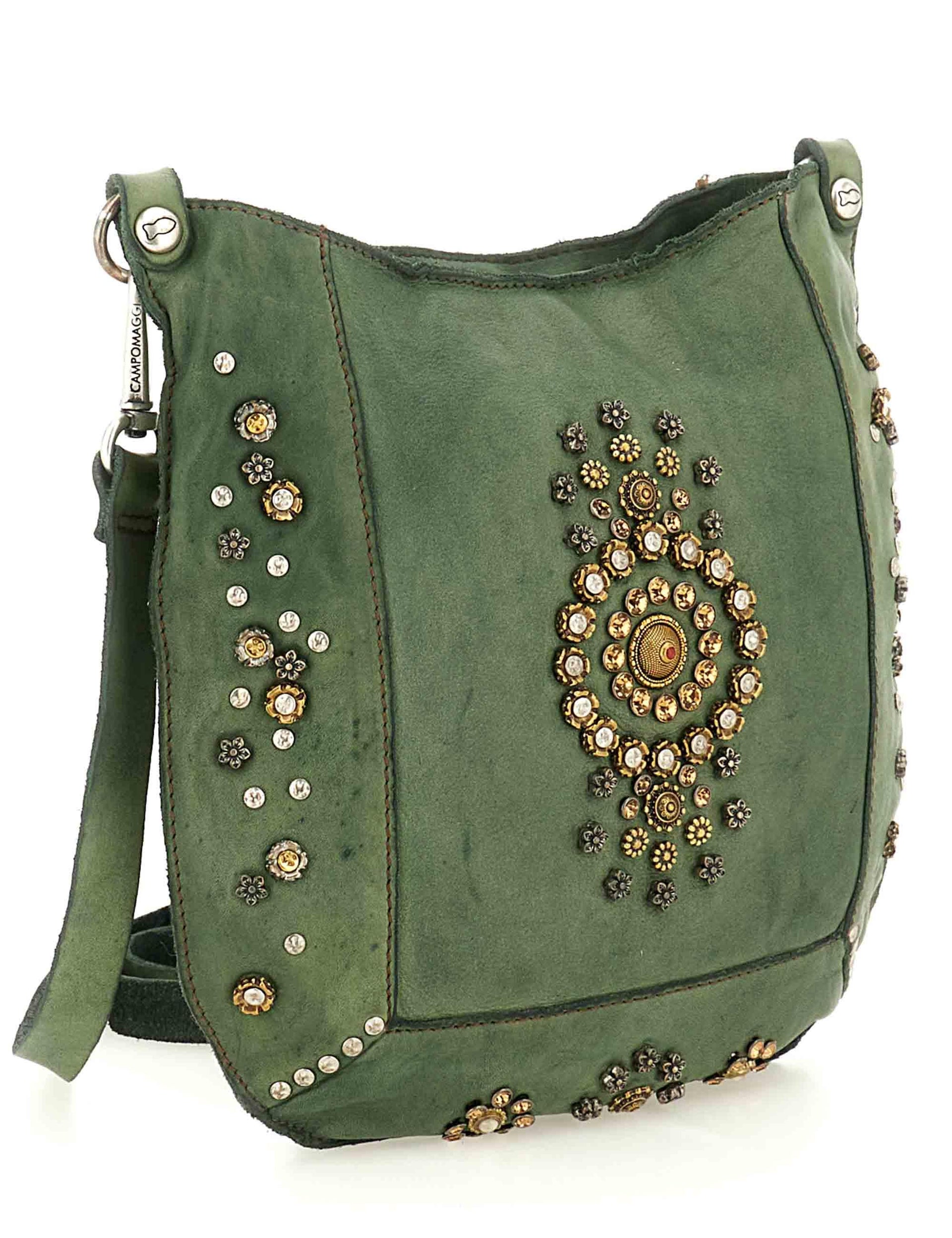 Borse donna Nora in pelle verde con borchie e tracolla C035340ND X3037 C3038 Campomaggi 