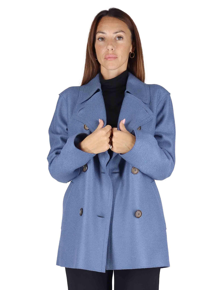 Cappotti donna Rubens in lana caleste doppiopetto con tasche pistagna 51260009 E044 Ewooluzione 